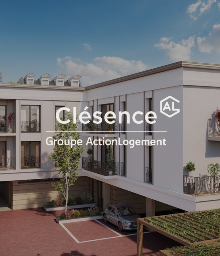 Une résidence à deux étages avec un parking et le logo de Clésence un client de l'agence We Feel Good