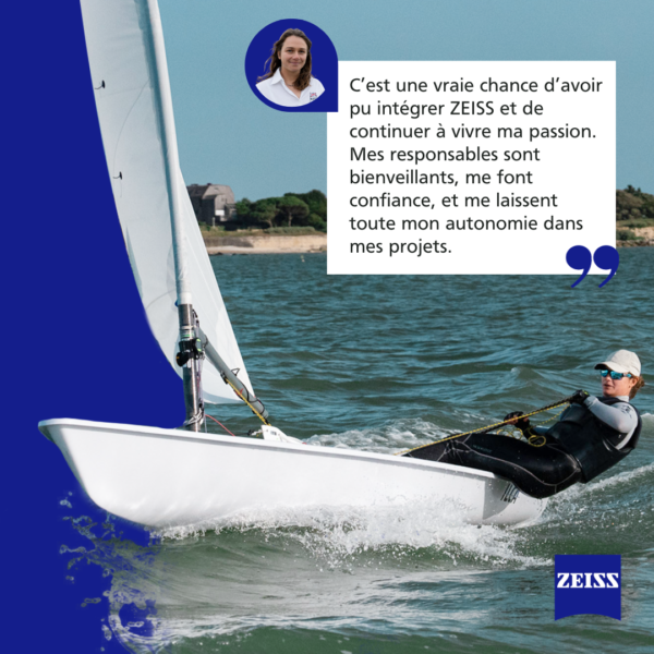 Visuel fait par We Feel Good d'une femme faisant de la voile avec une paire de lunettes Zeiss